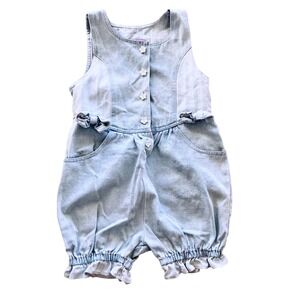 Vintage Kids Girls Denim Overalls Shorts Romper Jumper Blue Flower Buttons Sz 5